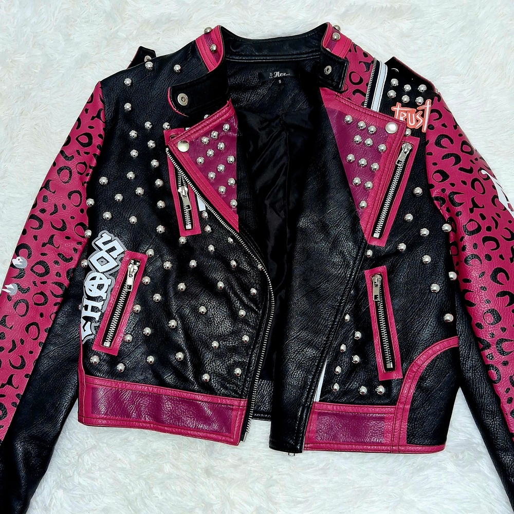 Red Black Moto Embellished Jacket Patchwork Studd… - image 1